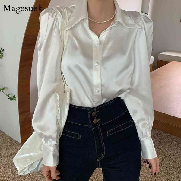 

new spring loose satin women shirts blouses button bubble sleeve office solid shirt women white blouse blusas mujer 12635 210410