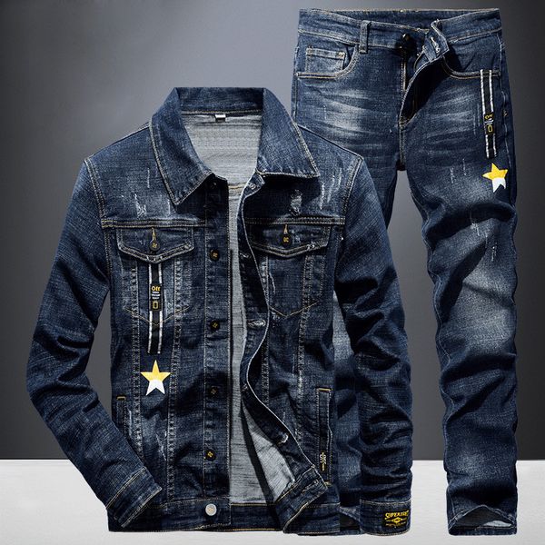 

fashion tracksuits men's 2 piece sets spring autumn blue letter star print denim jacket + pants slim men and women jeans suit ropa homb, Gray