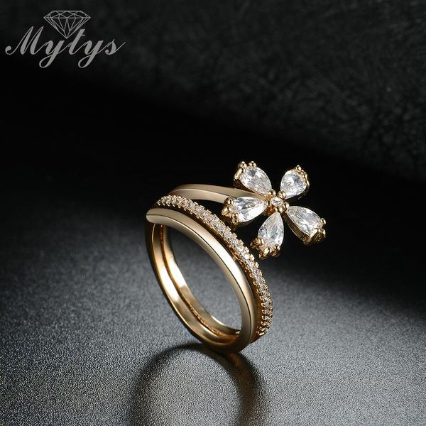 

cluster rings mytys fashion flower ring for women unique design crystal brand jewelry gift accessory r1805, Golden;silver