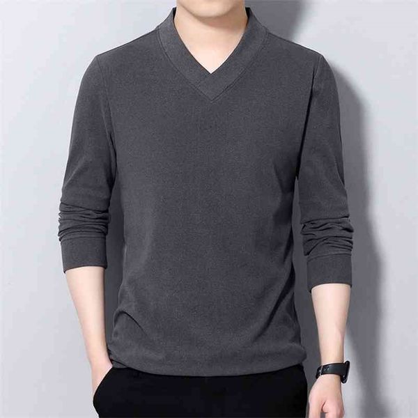 

browon brand autumn winter men t-shirt casual soft thick long sleeved v-neck tshirt solid color slim fit clothing 210706, White;black