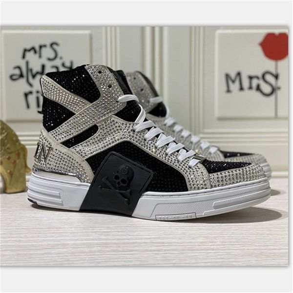 

high tube genune leather glitter boots cowhide couple thick bottom women men shoes metal skull nnkle 210914, Black