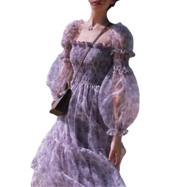 

casual dresses women 2021 summer design floral dress female chic square collar puffer sleeve beach one piece korean elegant vintage, Black;gray