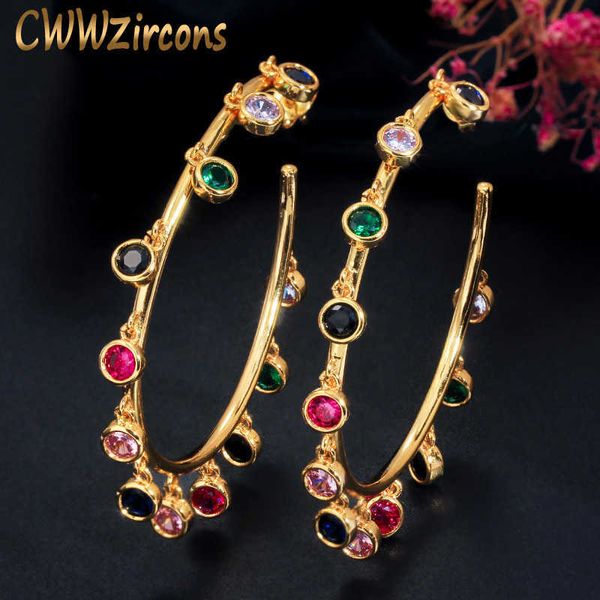

boho style dangling drop round punk rainbow cubic zirconia charm yellow gold big circle hoop earrings for women cz609 210714, Golden;silver