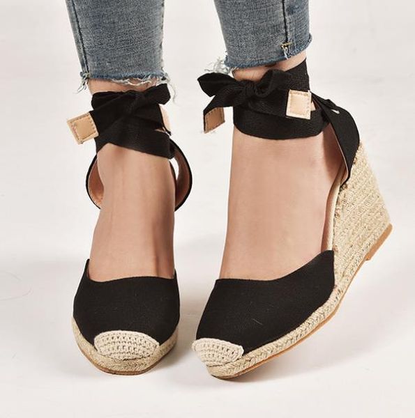 

dress shoes women sandals fashion narrow band ankle strap wedge female beige plus size 35-43, Black