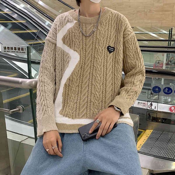 

men's spell color twist autumn winter loose vintage o-neck harajuku knit ugly sweater warm pullover male, Black