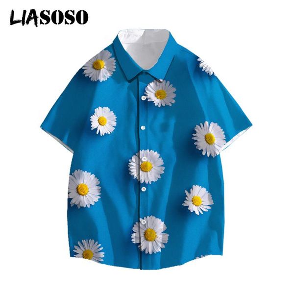 

men's casual shirts liasoso summer men women fashion hawaiian printed short-sleeve beach holiday streetwear daisy 3d print top, White;black