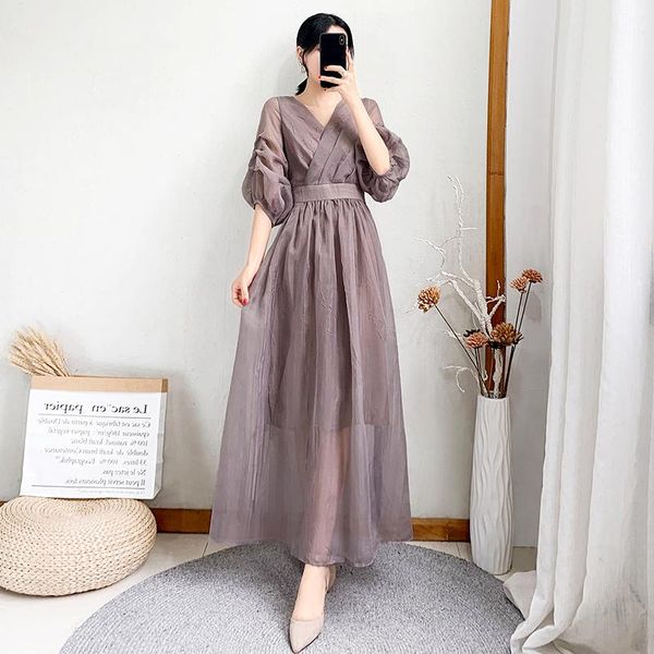 

casual dresses women lantern sleeve long v-neck vintage maxi vestido chiffon elegant midi robe slim temperament vestir, Black;gray