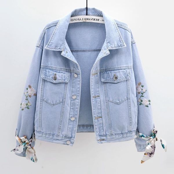 

women's jackets loose korean outerwear bow coat long sleeve jeans jacket female embroidery flowers denim women streetwear spring, Black;brown