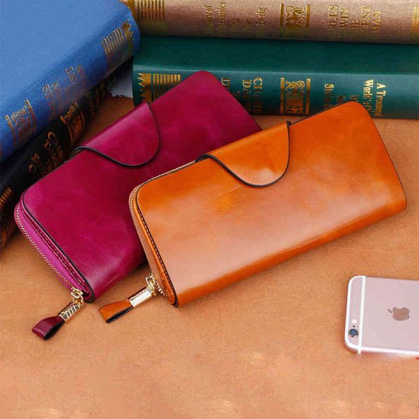 

frid antimagnetic leather oil wax cowhide wallet bag korean version long multi card popular, Red;black