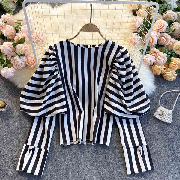 

women's knits & tees women fashion vintage striped chic round-neck pleated long puff sleeve high-waisted elegant blouse r577, White
