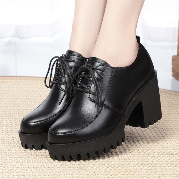 

lace-up thick heel shoes women genuine leather high heels ladies platform work deep mouth round head single dress, Black