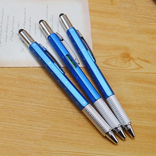 

ballpoint pens multifunction 6 in 1 screwdriver spirit level black ruler 0.7mm one tech tool pen. scale stylus, Blue;orange