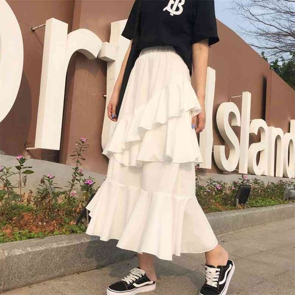 

korean slanting cake a-line long skirts women irregular tiered layered midi fashion high waist elastic slim 210421, Black