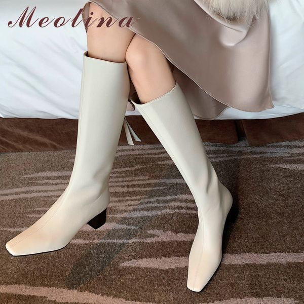 

meotina natural genuine leather high heel long boots women shoes square toe block heels zip fashion knee high boots autumn black 210520