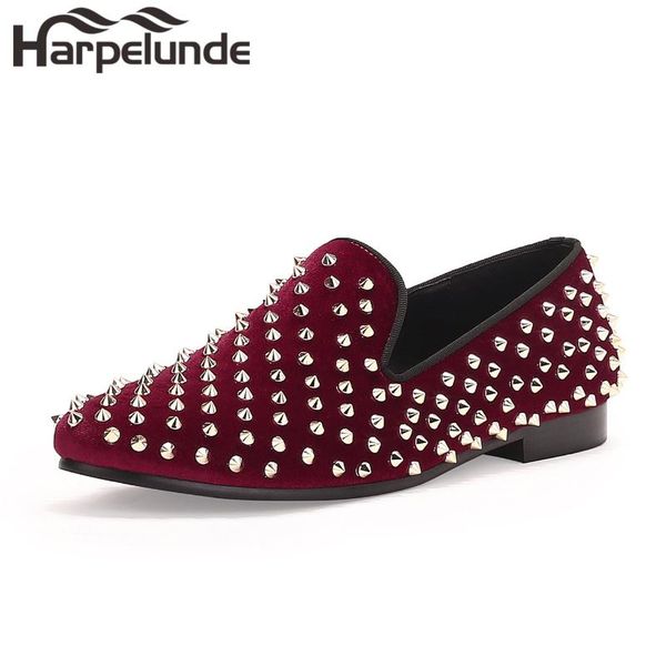 

dress shoes harpelunde men red velvet loafers handmade spikes flats size 6-14, Black