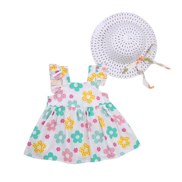 

kids dress with cap, girls flower print square neck sleeve one-piece+ bucket hat for summer, 3 months-3 years girl's dresses, Red;yellow