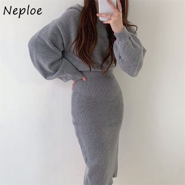 

korean chic hooded split knitted dresses all-match slim fit high waist femme vestidos autumn winter bodycon women dress 210422, Black;gray
