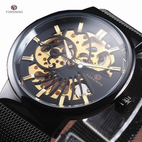 

fashion stylish luxury forsining skeleton watches men stainless steel mesh strap band mechanical watch thin dial clock wristwatches, Slivery;brown