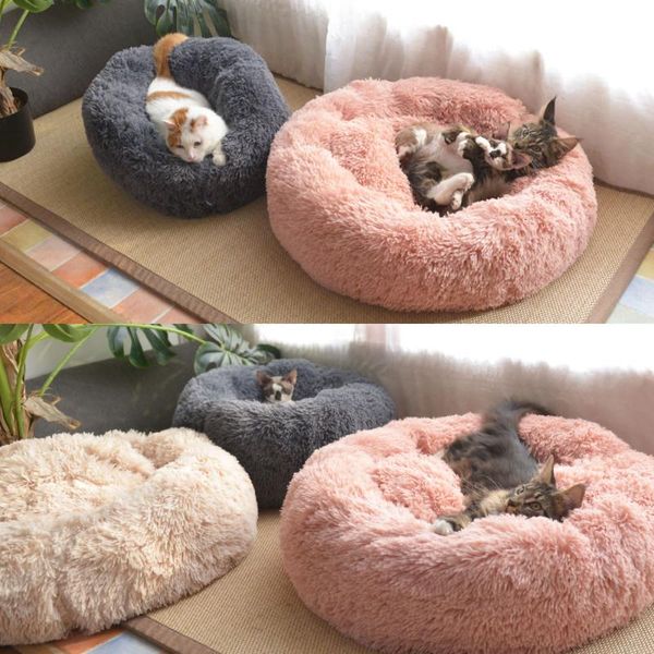 

cat beds & furniture soft plush round pet bed for cats warm washable small dogs kennel long mats