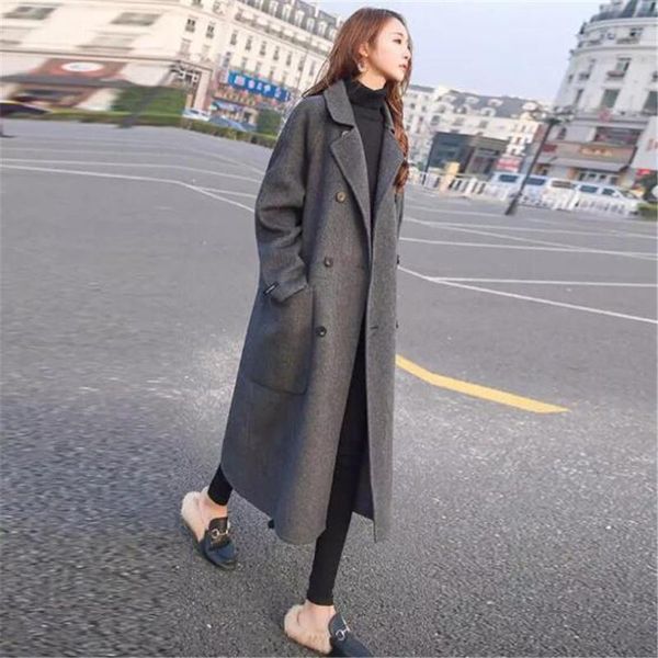 

women's long woolen coat autumn winter casual loose wild office outerwear overcoat trench double-breasted blends wool coats &, Black