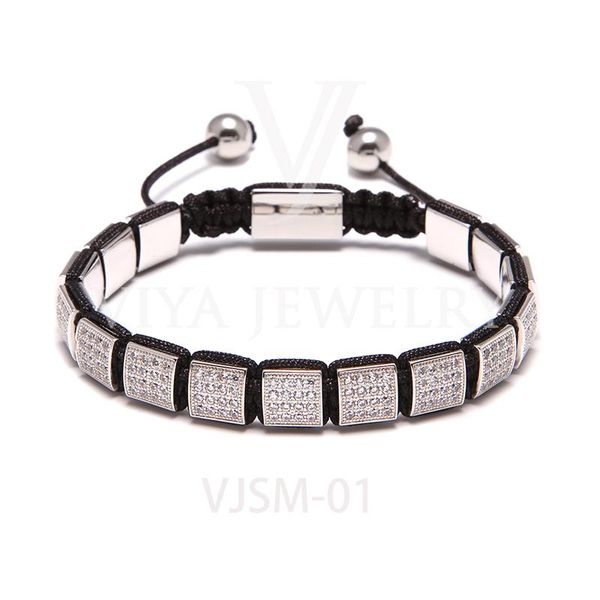 

charm bracelets classic black rope bracelet with pave setting square beads charms shining stainless steel braided for men, Golden;silver