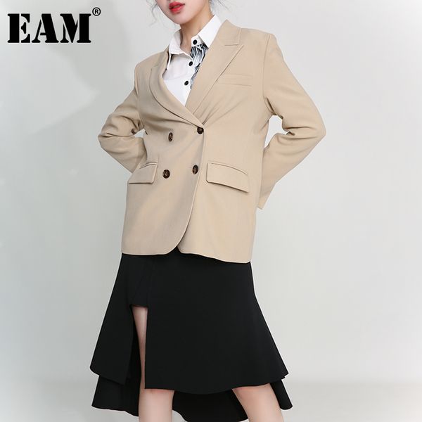 

[eam] women double breasted striped khaki blazer notched long sleeve loose fit jacket fashion spring autumn 1dd500704 21512, White;black