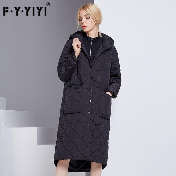 

women's down & parkas fyyiyi classic plaid casual jacket criss-cross warm hooded ladies long cotton jacketes coat single breasted shirt, Black
