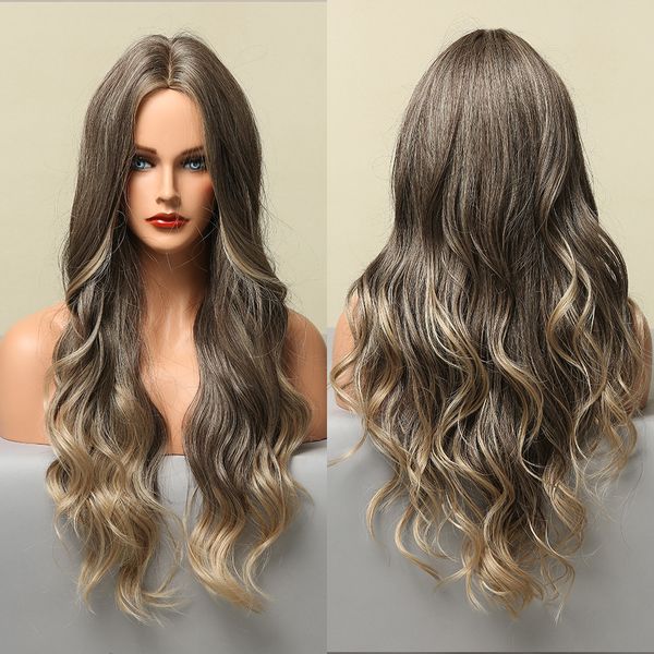 

ombre gray brown blonde highlight synthetic wigs long body wave wigs for women middle part cosplay party daily heat resistant, Black