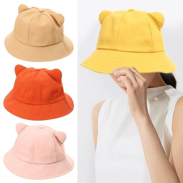 

caps & hats solid color cotton cute cartoon cat ear bucket hat fisherman sun cap for women kids outdoor travel, Yellow