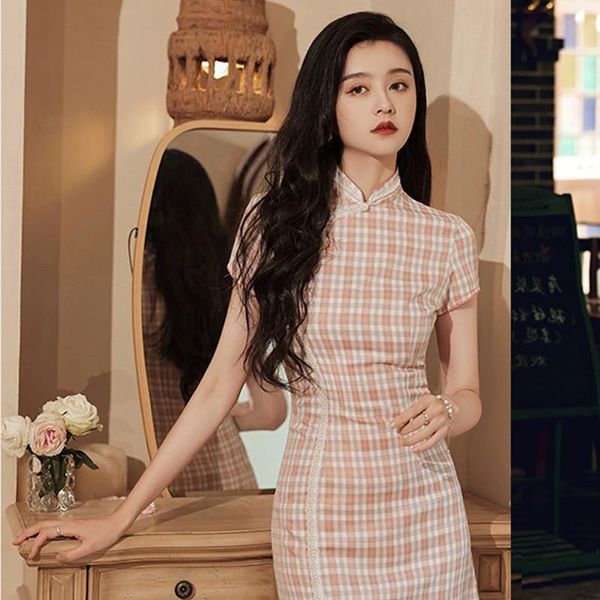 

ethnic clothing young lady slim plaid chinese vintage qipao mini cotton cheongsam lace beaded dress mandarin collar plus size 3xl vesti, Red