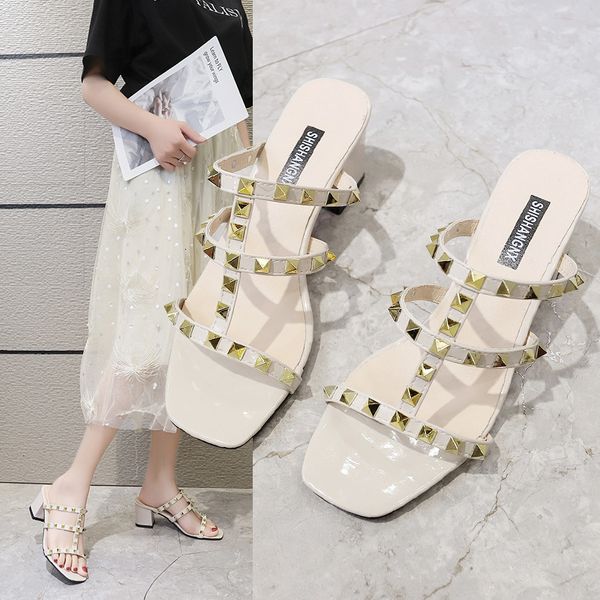 

luxury dress shoes thick high open toe rivet sandals liuding middle heel's sho, Black