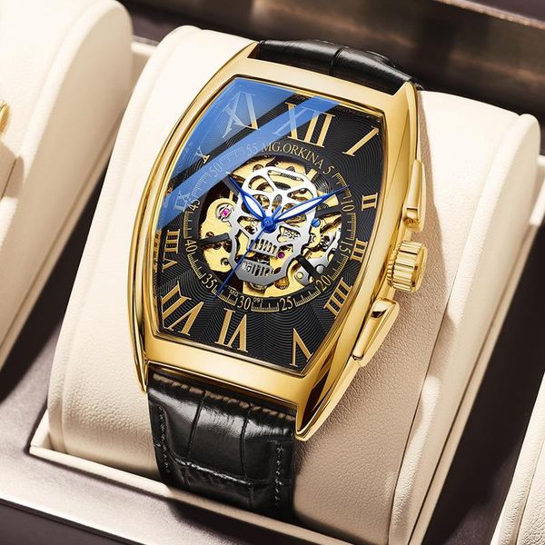 

wristwatches 2021 men's watches mechanical watch for men luxury automatic tonneau shape design leather strap mens reloj hombre, Slivery;brown