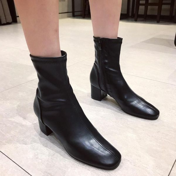 

boots women's 2021 short square head slimming semi-high heeled fashion retro socks chimney, Black