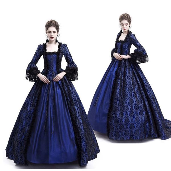 

costume accessories medieval retro gothiced court dress square neck flare sleeve lace patchwork maxi dress queen ball gown halloween costume, Silver