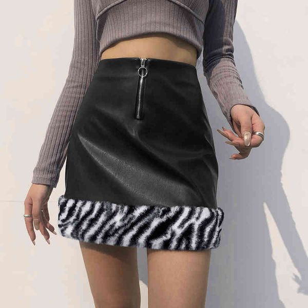 Gothic High-Waisted Zip-Up Frauen Y2k PU Kurze Röcke mit Zebra Pelz Dame Trendy Harajuku Warme Weibliche Mini rock Winter Saia 210415