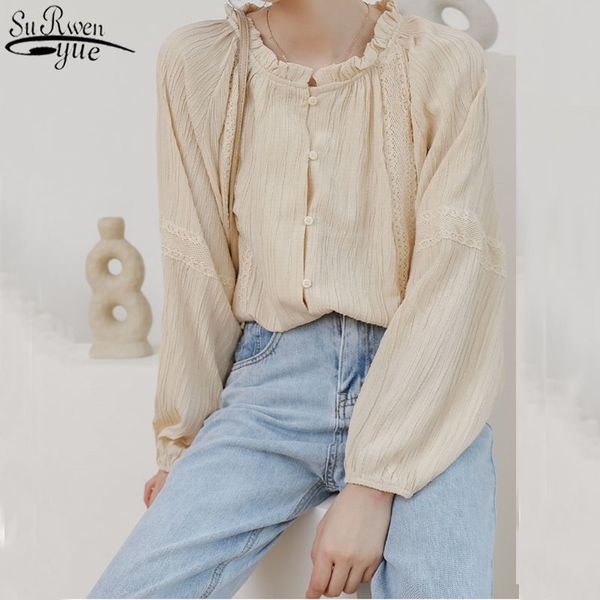 

early spring new round-necked women's shirt retro cotton lantern sleeve fashion blouse women blusas mujer 13029 210417, White
