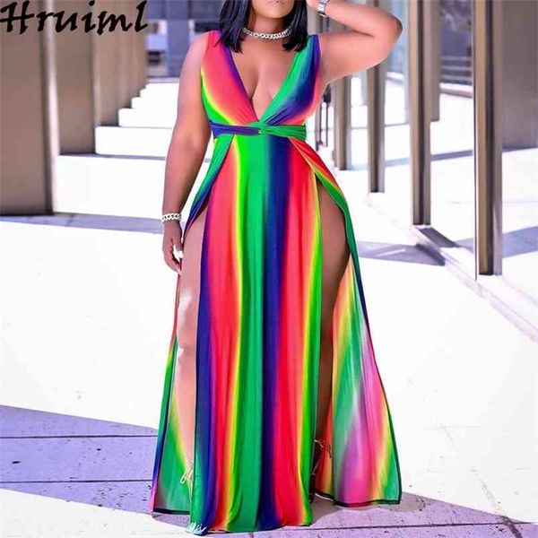 Plus Size Vestidos Soltos Multicolor Big Swing Mangas Sem Mangas Vestido Coxa Slit-Comprimento Profundo V-Pescoço Sexy Cluid Kleider Damen 210513