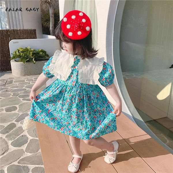 

summer big turn-down collar floral princess dress girls cotton puff sleeve dresses kids casual clothes girl's, Red;yellow