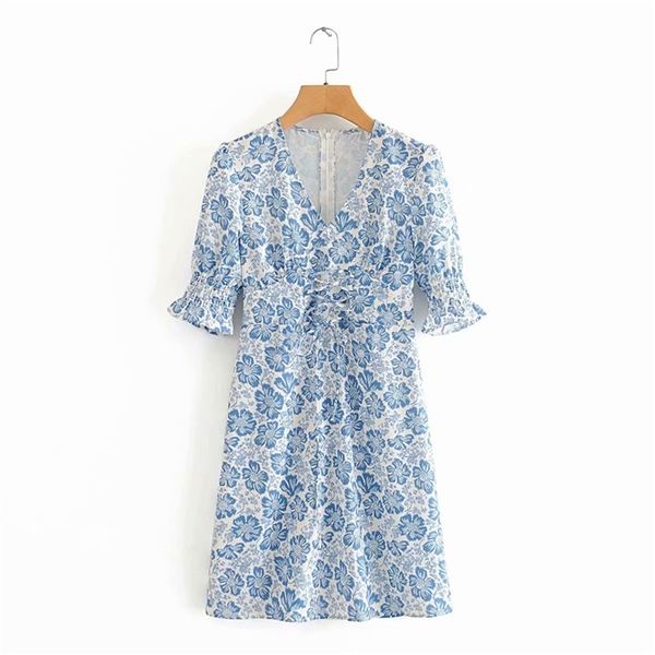Elegante Frau Blau V-ausschnitt Blume Schnürung Kurzes Kleid Sommer Casual Weibliche Puff Sleeve Strand es Laides Mini 210515