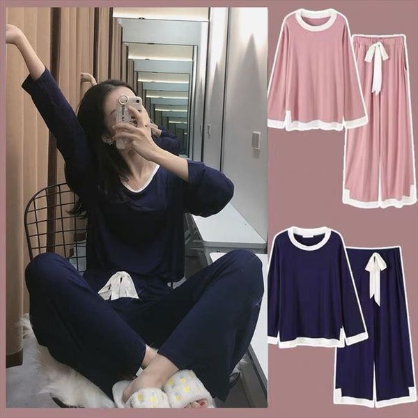

listing spring sleep lounge womens sleepwears pajama long sleeve pant home wear set leisure pyjamas cotton sleepwear women, Black;red