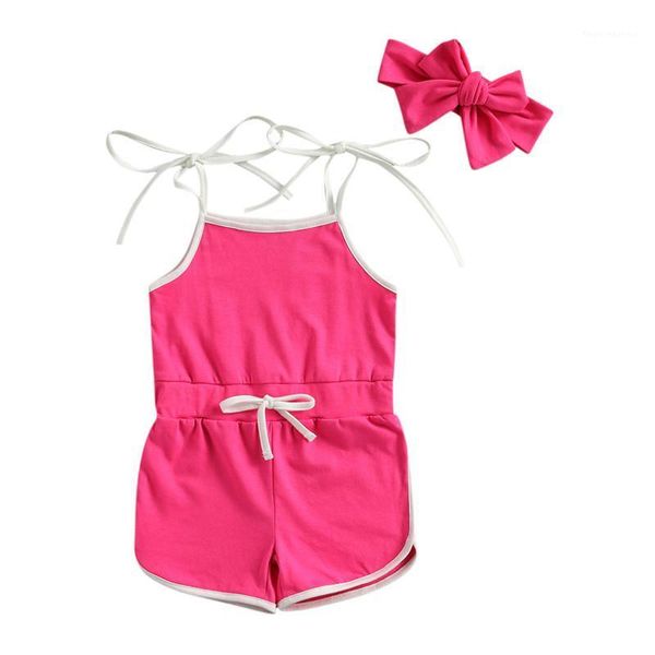 

jumpsuits summer born infant baby boys girls solid color bandage romper sleeveless cotton headband outfit clothes1, Blue