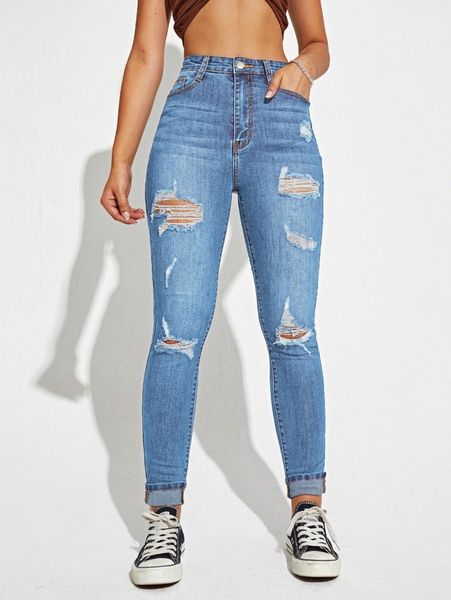 

slant pocket ripped skinny jeans 46vs#, Blue