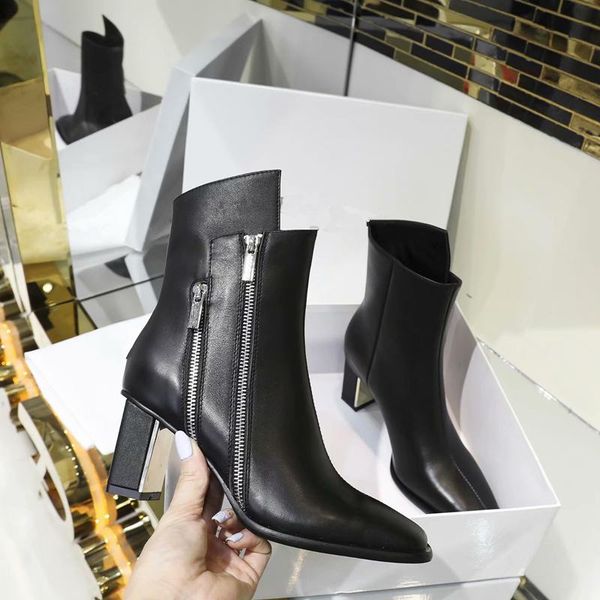 

boots genuien leather women ankle rivets mentalhigh heels for fashion shoes 2021 spring autumn booties female, Black