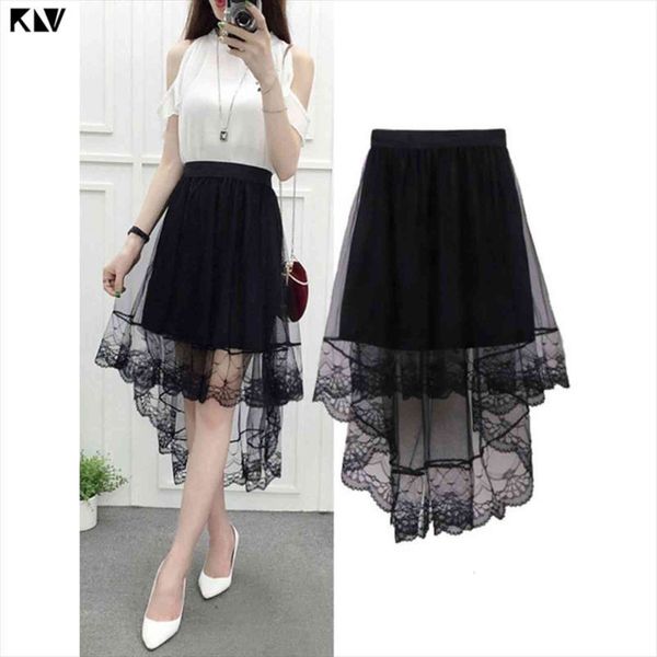 

summer high waist layered sheer women skirt mesh swallowtail midi long asymmetric scalloped lace hem pleated party, Black