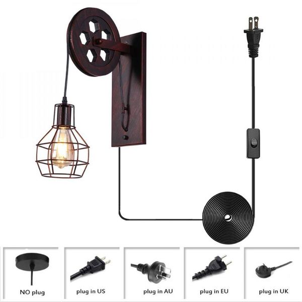 

wall lamp plug-in retro wrought iron with round lampshade, rustic rusty red sconce