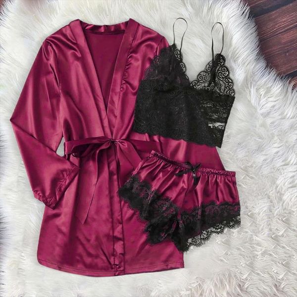

3pcs pajamas lace bralette shorts women sleepwear bathrobe nightwear solid pijama suits satin long sleeve, Black;red