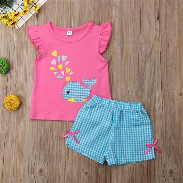 

children cartoon print whale t shirt shorts 2pcs summer outfits baby girl clothes set cute plaid, White