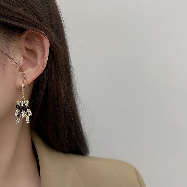 

fashion minority design with diamond bear bow earhook fashion earrings versatile net red light luxury earrings for women, Silver