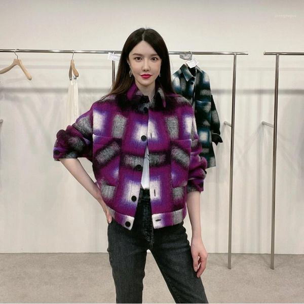 

women's wool & blends women coat 2021 fall and winter turn-down collar plaid oversized loose ladies green purple two-color short jacket, Black