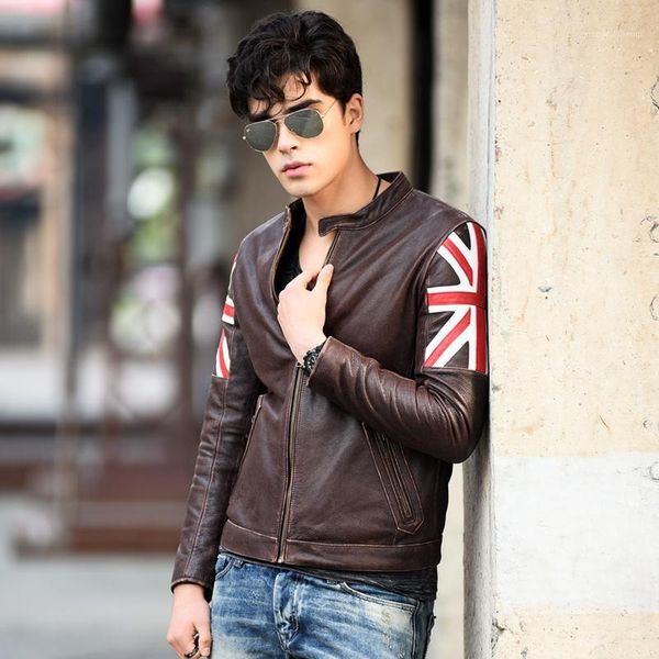 

men's leather & faux vintage 2021 dark brown men biker's jacket plus size 5xl genuine cowhide spring slim fit motorcycle coat, Black